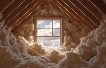 A cozy attic features a wooden ceiling and a window framing puffy white clouds, creating an airy, peaceful atmosphere perfect for daydreaming or relaxation.