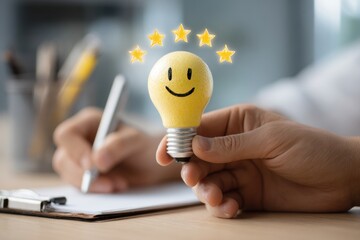 A hand holds a cheerful light bulb with five stars, symbolizing quality service. In the background, a child writes notes, enhancing the positive atmosphere of exceptional customer feedback.