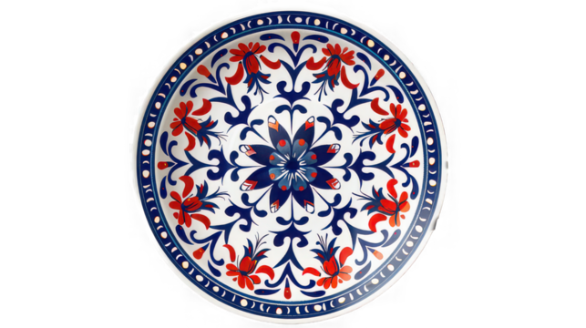 A decorative plate with floral patterns in red and blue on a white background with a dark background
