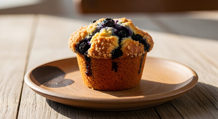 Blueberry muffin on wooden plate