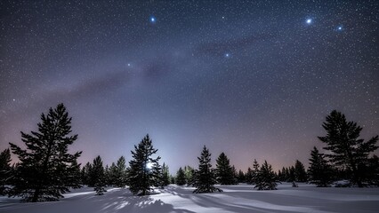 A winter landscape showing snow-covered ground and pine trees under a starlit sky with visible constellations.