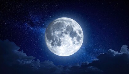 Fototapeta premium Full Moon Shines Brightly in a Dark Blue Starry Night Sky with Soft Clouds Celestial Lunar Scene Tranquil Atmospheric Photo