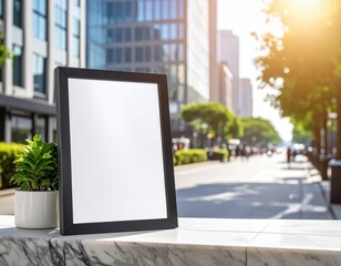 Blank Picture Frame on Marble Surface Beside Potted Plant with Street and Buildings in Background at Daylight
