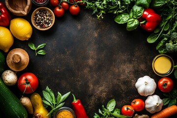 A vibrant still life of fresh vegetables and herbs arranged around a rustic dark background, showcasing the rich colors and textures of healthy ingredients.