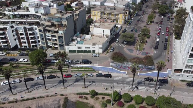 Aerial view of city traffic in barranco, lima