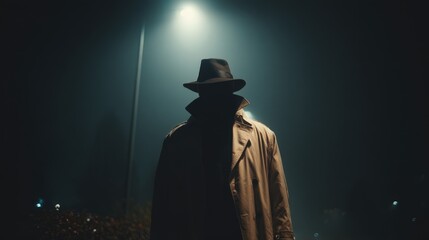 Mysterious man in a dark trench coat standing under streetlight at night