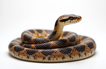 Fototapeta premium Studio shot shows snake isolated on white. Brown serpent with black stripes. Reptile coiled up, looking at camera. Wildlife, exotic animal concept. Snake skin details are visible.