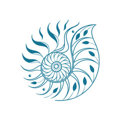 Abstract Spiral Shell with Leaves and Waves Vector Design