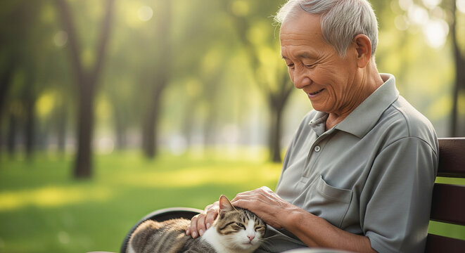Happy elderly Asian man smiling as he pets his companion cat on a park bench, enjoying a peaceful moment of friendship in nature