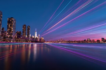 Obraz premium Vibrant Data Streams Illuminate the Manhattan Skyline Over Reflective Waters at Dusk.