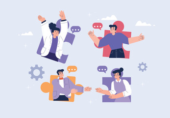 Business Teamwork concept.  flat vector illustration depicting a diverse, dynamic group of professionals  in a business discussion .