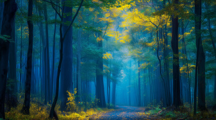 Fototapeta premium Game scene magic forest background, blue yellow light misty path, digital painting environment