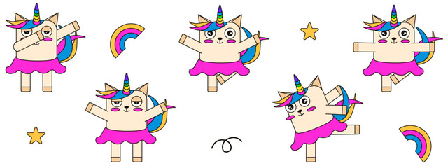 Cute Unicorn set. Vector illustration of fun Unicorn in dancing skirt collection isolated white background. Perfect kids art child sticker children room interior design. Editable EPS 10