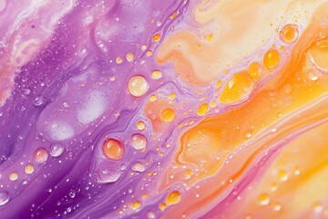 A mesmerizing dance of purple and orange hues, a vibrant abstract fluid art painting with glistening droplets and swirling patterns.