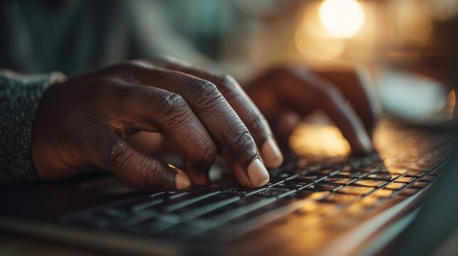A man types on a laptop keyboard, illuminated by soft light. The man's fingers move swiftly across the laptop keys in a focused evening setting.