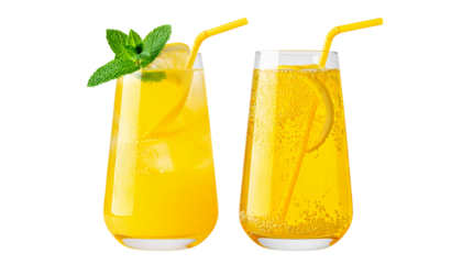   Double Yellow Drink Set with Ice and Garnish Variations isolated on transparent background.