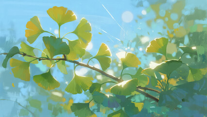 Obraz premium Start of Autumn solar term ginkgo leaves green leaves sunshine fresh nature background