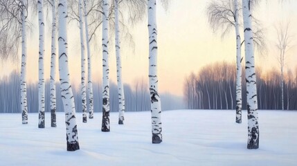 White trunks of birch trees rising from a snowy landscape with a pale winter sky
