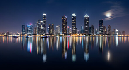 City skyline at night illuminated reflection