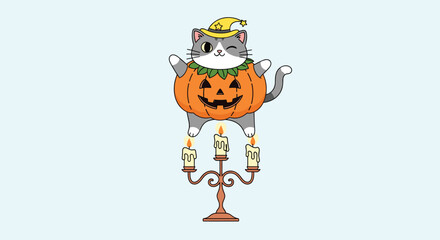 A cute cat dressed as a jack-o-lantern stands on a candle holder.