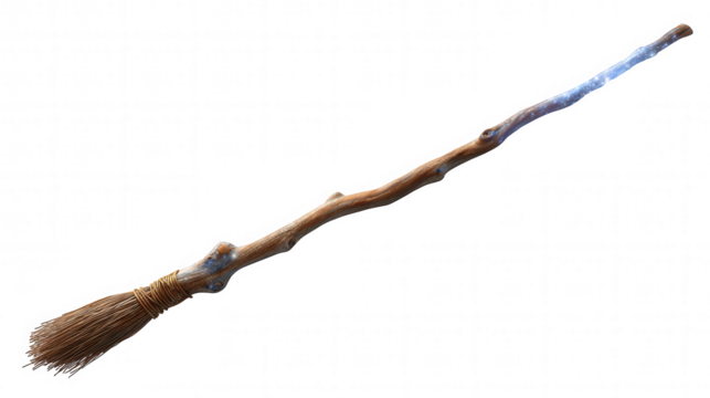 Magical glowing enchanted broomstick from fantasy world. witch or wizard wood tool shines with mysterious blue light, an object of power and mystery for flight