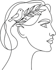 Minimalist Continous line drawing line art woman profile with bird olive branch head