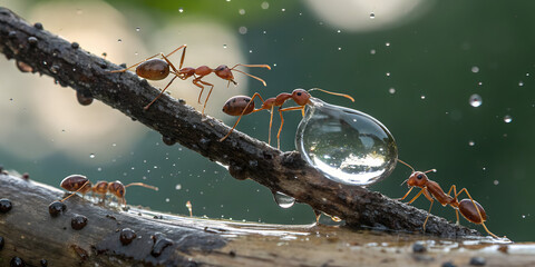 Naklejka premium Dynamic Action Shot of Ants Forming Living Bridge Across Raindrop Barrier, Macro Photography of Unity and Survival
