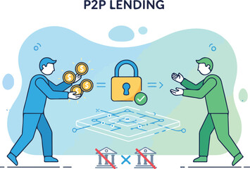 Fintech Peer-to-Peer Lending Platform Vector Illustration. Wide Landscape Individuals Exchanging Funds