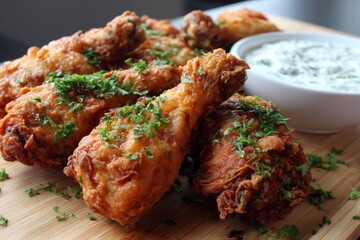 Fried chicken drumsticks with dip.