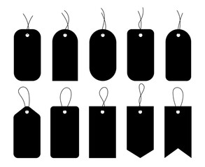 Black silhouette of simple rectangular price tags, tags, discount labels with rope, isolated on white, vector. An editable graphic element for design, decoration, sales, offers, with space for text