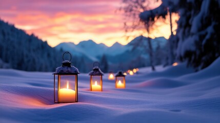 Winter wonderland with glowing lanterns and pastel sunset tones, snow sparkling around the lights