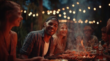 Obraz premium Men and women enjoy a barbecue with friends near the grill. Smoke from the barbecue mingles with their conversations as the glow of string lights surrounds the barbecue scene.