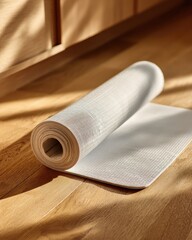 Rolled Beige Yoga Mat on Warm Wood Floor, Natural Light, Minimalist Aesthetic.