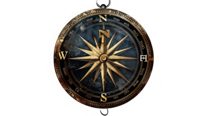 A close up of an antique compass with a star design and north south east and west directions marked