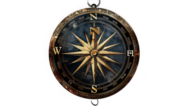 A close up of an antique compass with a star design and north south east and west directions marked