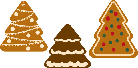 Festive vector gingerbread Christmas tree clip art set featuring three stylized cookies with different icing and candy decorations, isolated on a transparent background.