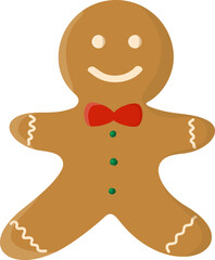 Cheerful, isolated vector clip art of a traditional gingerbread man cookie decorated with a red bow tie, green buttons, and white icing for Christmas holiday designs.