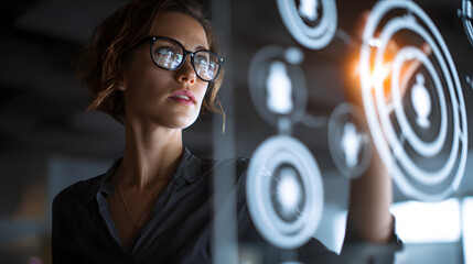 Focused professional with eyeglasses examines and interacts with a futuristic, transparent interface displaying abstract, circular data visualizations and glowing graphical elements, suggesting...