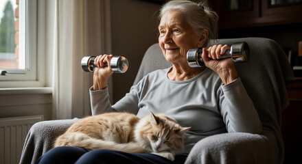 Active aging concept with an elderly woman lifting weights for strength training in her living room, enjoying a quiet moment with her cat