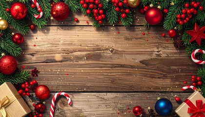 Festive Christmas background with fir branches, sparkling ornaments, red berries, and gift boxes on a rustic wooden table, ideal for holiday designs