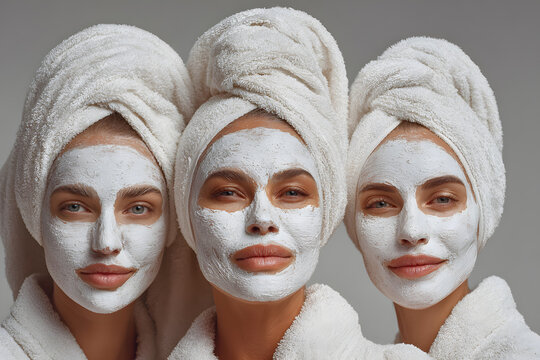 .Group of friends applying a revitalizing white mask on their faces. Beauty treatment, skin care, natural, spa and fun moments. Lifestyle.