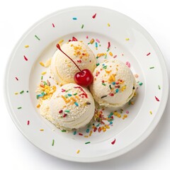 Vanilla Ice Cream Scoops with Cherry and Sprinkles, food , dessert