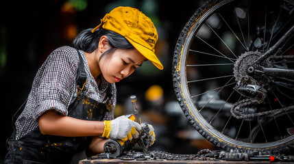 Focused mechanic repairs a bicycle at a workshop during the golden hour