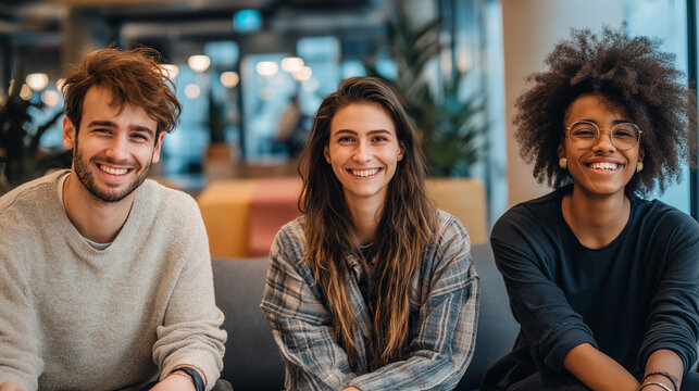 Team of three professionals in coworking lounge area - Powered by Adobe