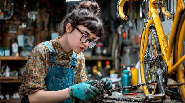 Young woman repairs a bicycle in a cozy workshop full of tools and bright colors - Powered by Adobe