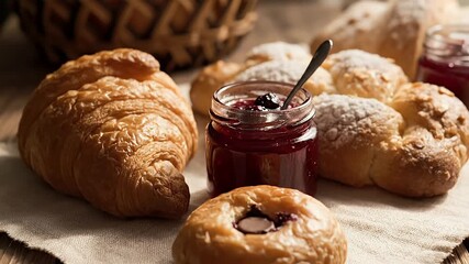 A delicious continental breakfast spread with fresh croissants, sweet buns, and a jar of homemade berry jam on a rustic cloth - Powered by Adobe
