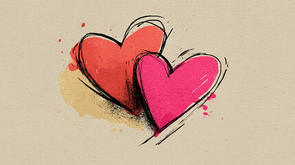 Two hearts painted with black outlines on a beige canvas.