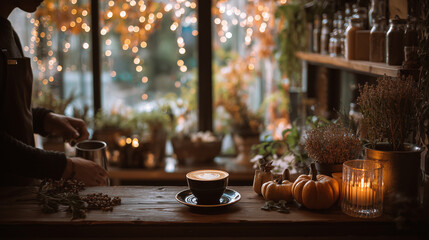 キャンドルとカボチャが彩る秋のカフェ 。AIで生成。