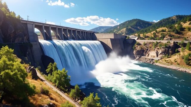 Spectacular Dam and Waterfall with Flowing Water and Mountains.
