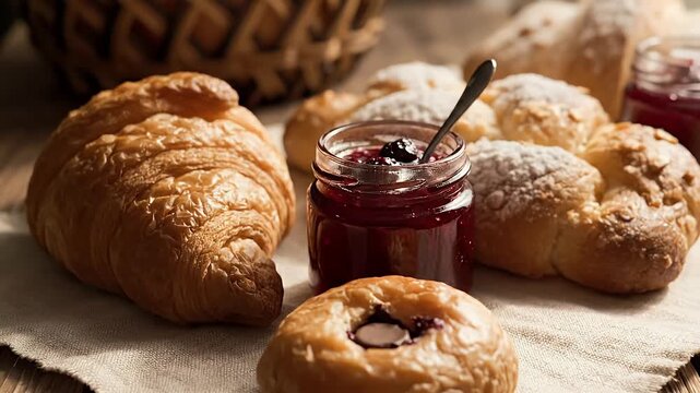 A delicious continental breakfast spread with fresh croissants, sweet buns, and a jar of homemade berry jam on a rustic cloth